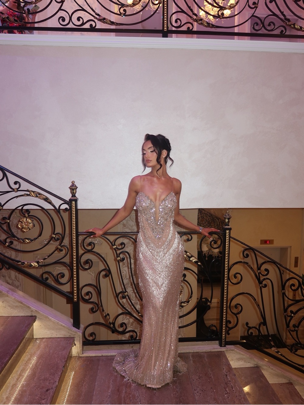 Sparkling Sequin Strapless Evening Gown - Champagne